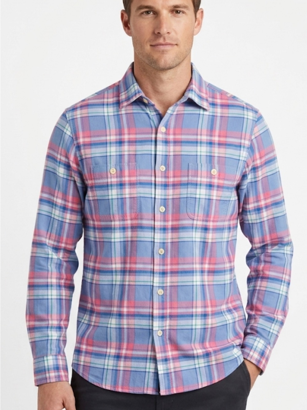 Vineyard Vines Linen Cotton Blue Pink Plaid Button-Down Shirt
